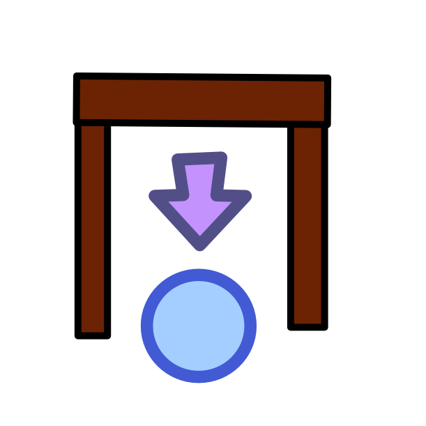 a blue circle sits under a table, a purple arrow, also beneath the table, points at it from above.